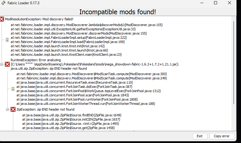 Fenêtre Fabric Loader affichant Incompatible mods found!