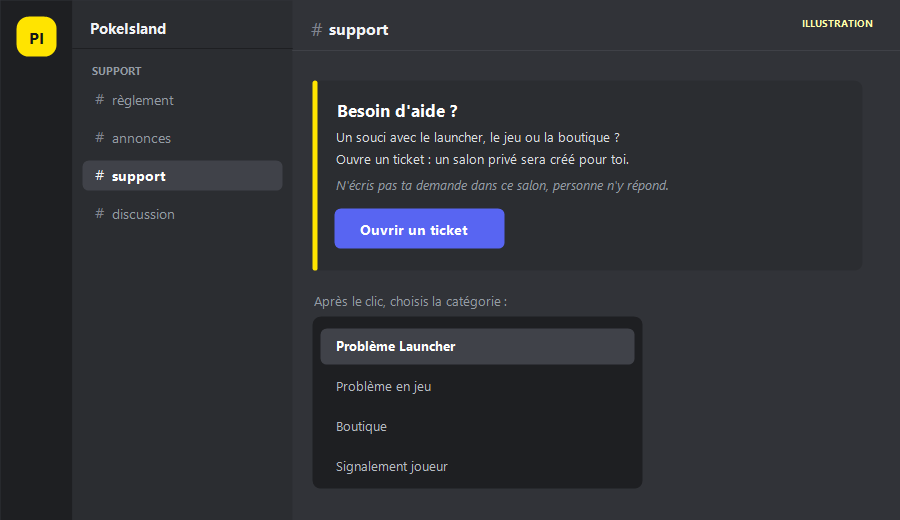 Le salon support avec le bouton d'ouverture de ticket
