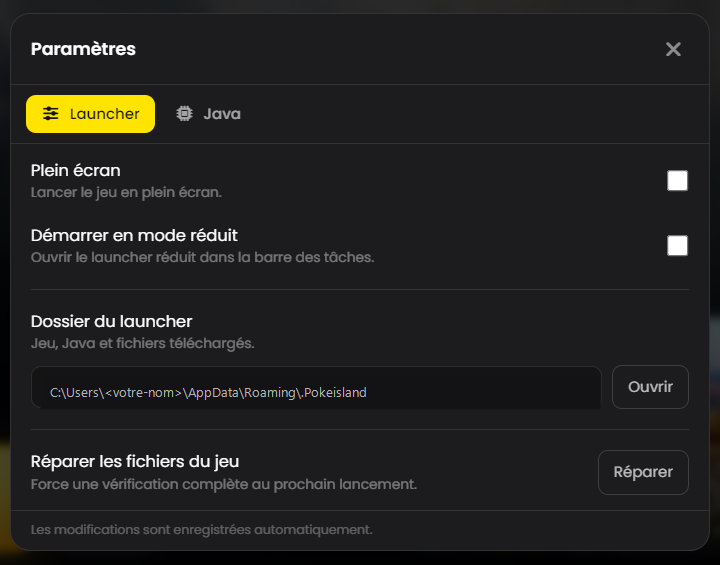 Fenêtre des paramètres du launcher