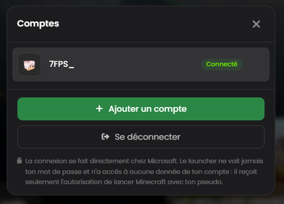 Fenêtre des comptes du launcher